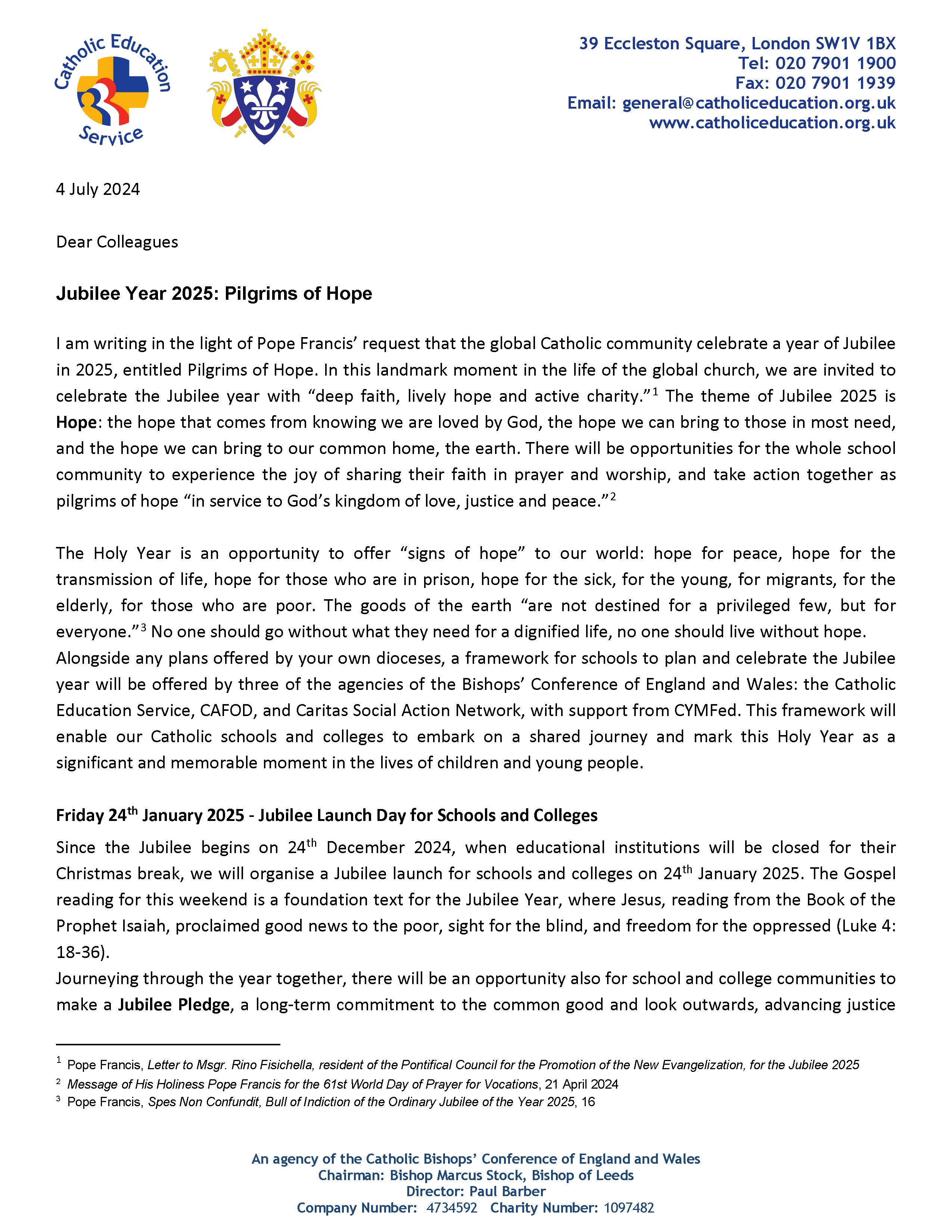 85.24 Jubilee Year 2025 Pilgrims of Hope letter from Bishop Marcus Stock Page 1